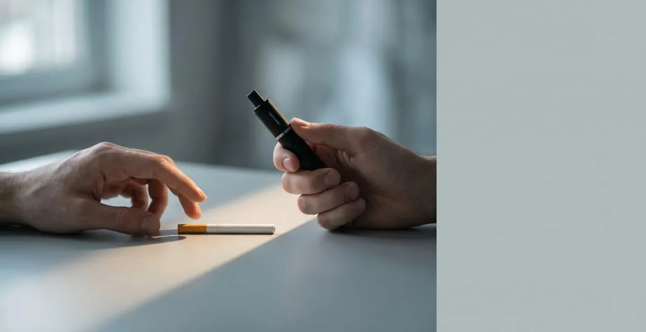 A person's hands in moment of tension, one reaching toward an unlit cigarette on a table while holding a vape device in the other, photographed in dramatic natural light showing the internal conflict of relapse temptation