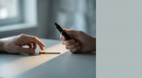 A person's hands in moment of tension, one reaching toward an unlit cigarette on a table while holding a vape device in the other, photographed in dramatic natural light showing the internal conflict of relapse temptation