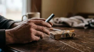 Close-up of person's hands holding vaping device with cigarette pack nearby showing inner conflict during nicotine transition