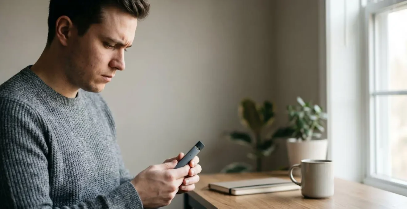 Person contemplating their vaping device with thoughtful expression in natural light