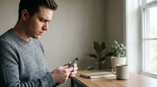 Person contemplating their vaping device with thoughtful expression in natural light
