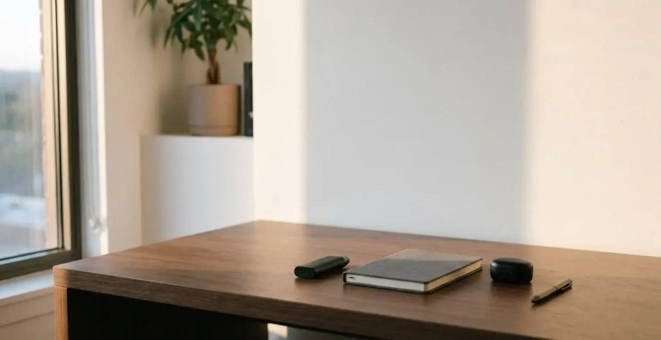 Minimalist composition showing discreet vaping setup in professional office environment with negative space