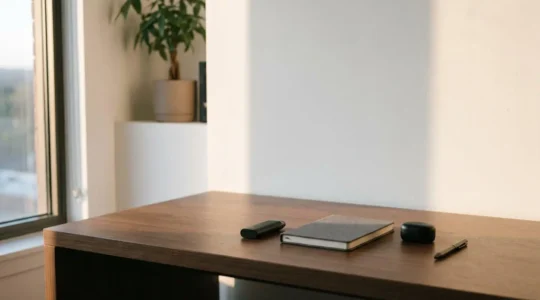 Minimalist composition showing discreet vaping setup in professional office environment with negative space