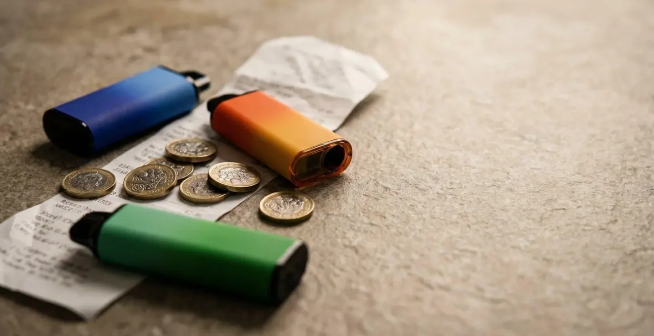 Close-up of disposable vapes scattered with British pound coins, highlighting the financial cost of frequent replacement
