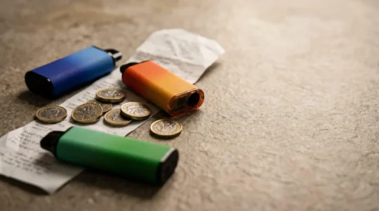 Close-up of disposable vapes scattered with British pound coins, highlighting the financial cost of frequent replacement