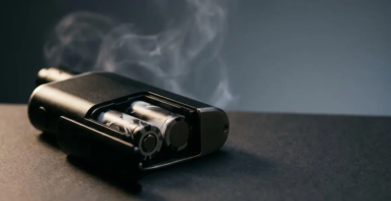 Close-up of dual battery vape mod showing battery compartment and performance indicators