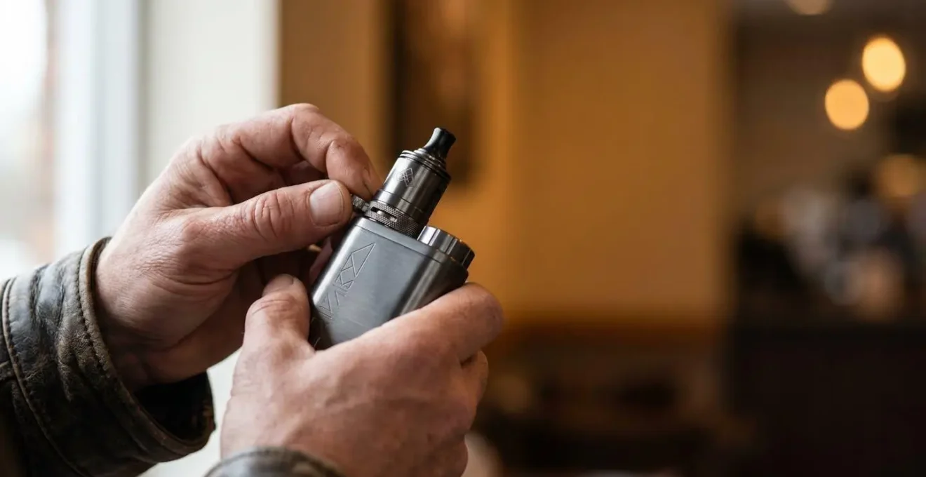 Close-up of hands adjusting vape airflow ring seeking tighter cigarette-like draw resistance