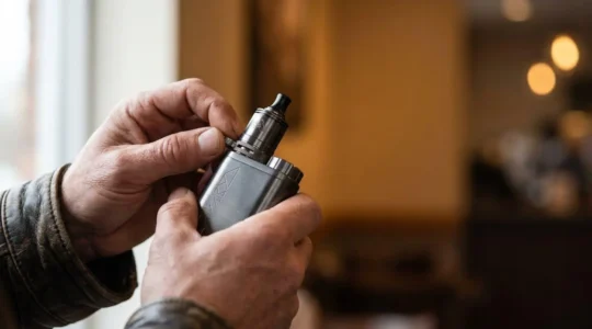 Close-up of hands adjusting vape airflow ring seeking tighter cigarette-like draw resistance