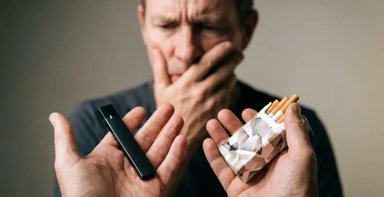 Person holding both a vape device and cigarette pack looking confused and frustrated