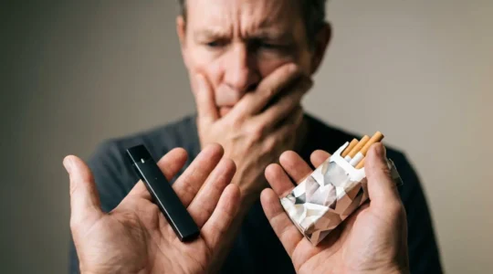 Person holding both a vape device and cigarette pack looking confused and frustrated