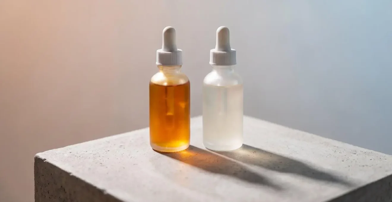 Two e-liquid bottles side by side with distinct visual characteristics representing flavor complexity differences