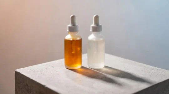 Two e-liquid bottles side by side with distinct visual characteristics representing flavor complexity differences