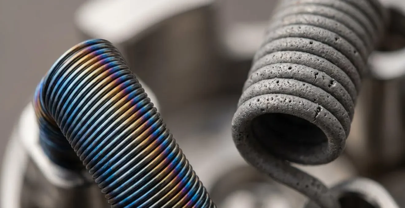 Close-up comparison showing the microscopic oxide layer difference between properly prepared and degraded Kanthal wire coils