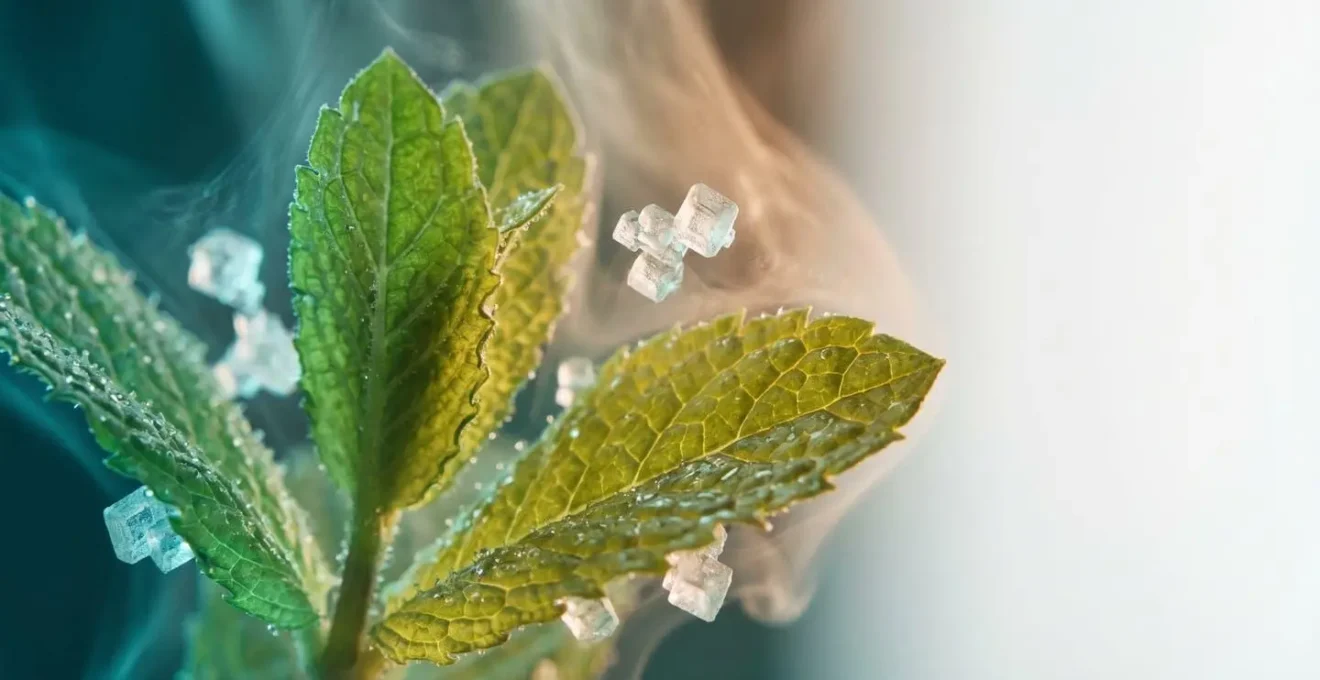 Close-up view of cooling vapor with peppermint leaves and abstract molecular structure representing menthol compounds