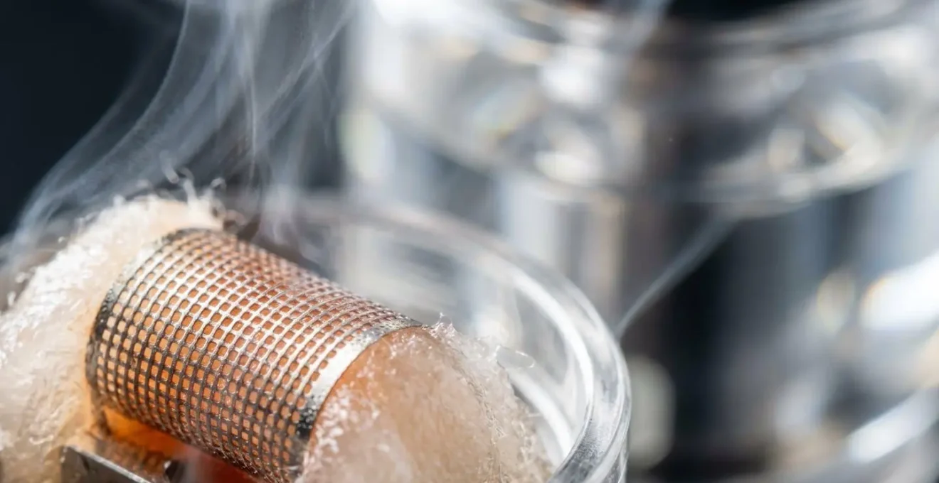 Extreme close-up of mesh coil heating element vaporizing e-liquid with visible vapor formation and precise heat distribution