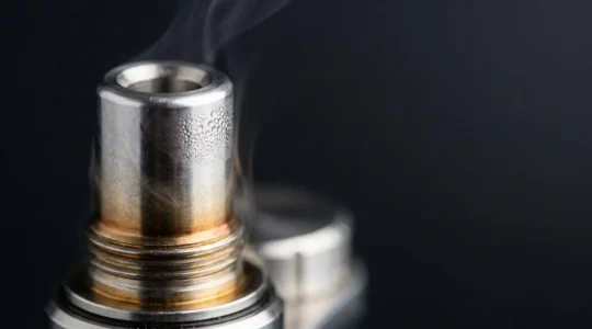 Close-up view of heated metal drip tip with thermal gradient and vapor condensation droplets in moody lighting