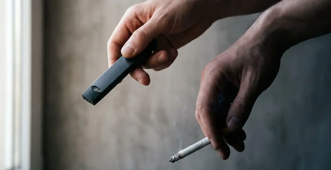 Modern vaping pod system contrasted with traditional cigarette showcasing technological evolution in smoking cessation