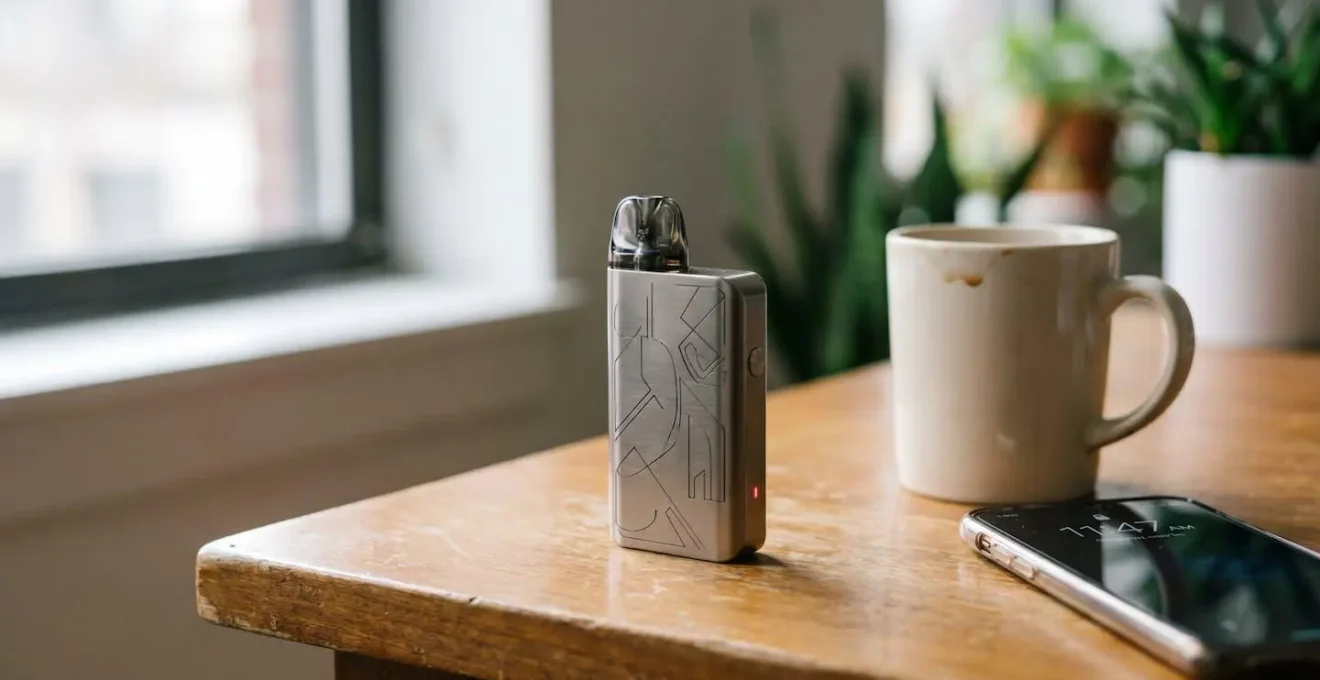 Compact vape pod system lying on desk beside empty coffee cup showing low battery indicator