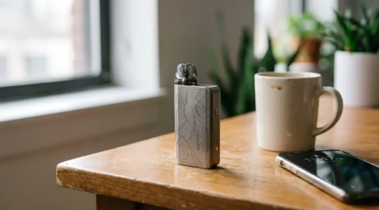 Compact vape pod system lying on desk beside empty coffee cup showing low battery indicator
