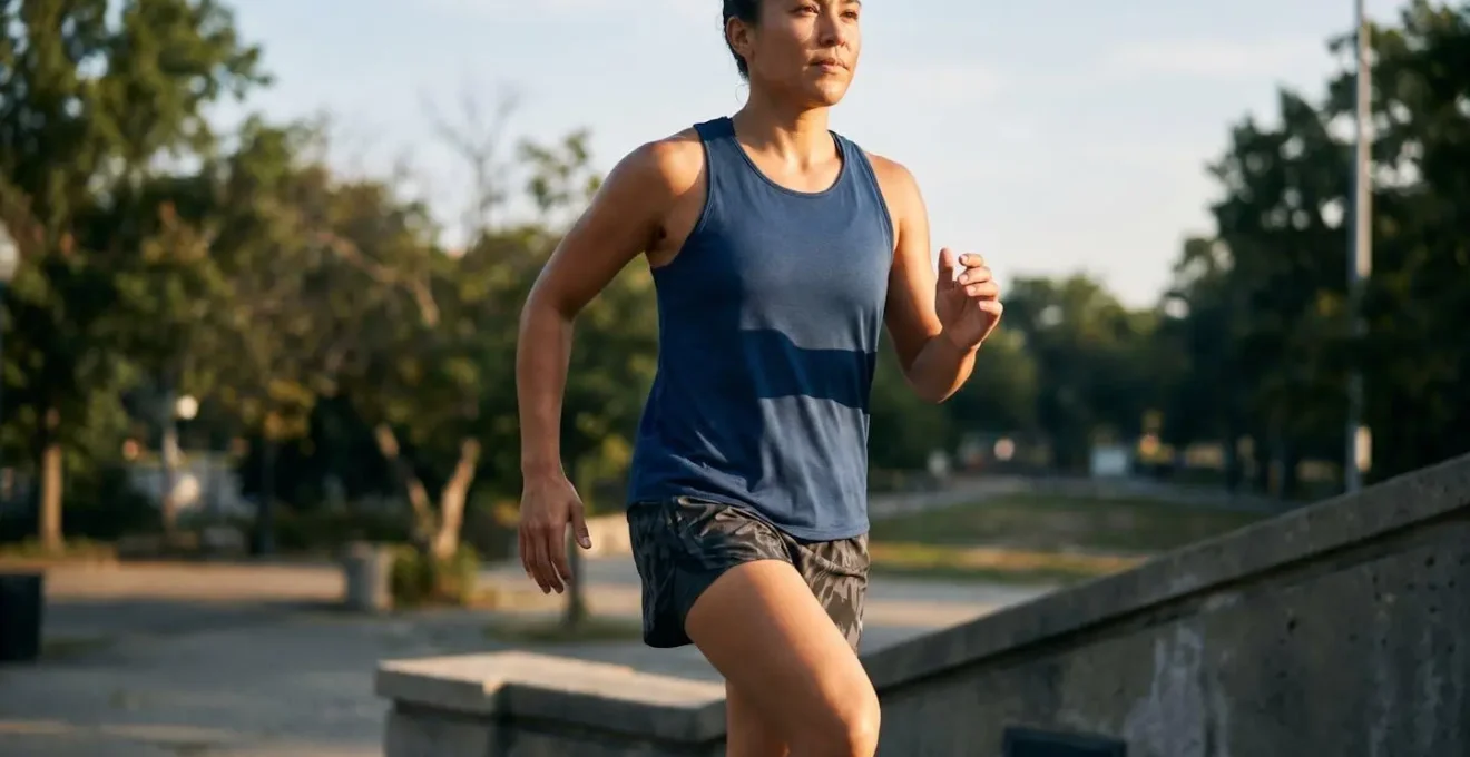 Athletic person running up outdoor stairs with confident stride showing improved lung capacity and cardiovascular health