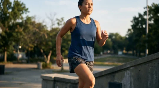 Athletic person running up outdoor stairs with confident stride showing improved lung capacity and cardiovascular health