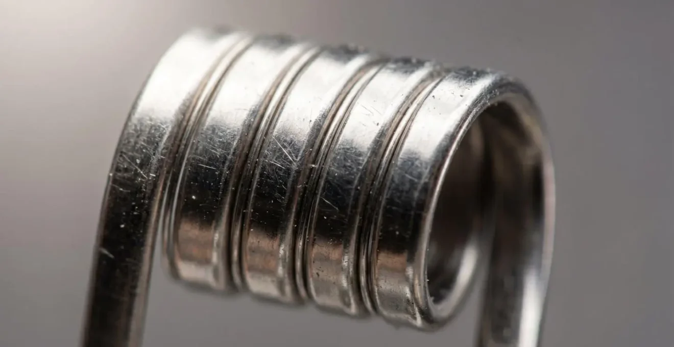 Close-up view of stainless steel coil wire showing metallic surface texture and resistance properties for temperature control vaping