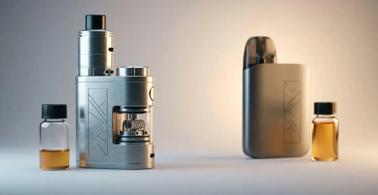 High-powered sub-ohm vaping device next to compact pod system showing vapor production difference
