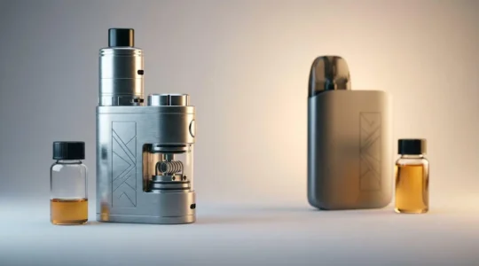 High-powered sub-ohm vaping device next to compact pod system showing vapor production difference