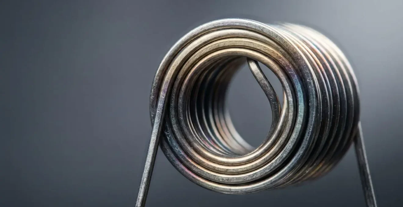 Close-up macro shot of pristine vape coil wire showing crystalline metal structure and thermal control mechanism