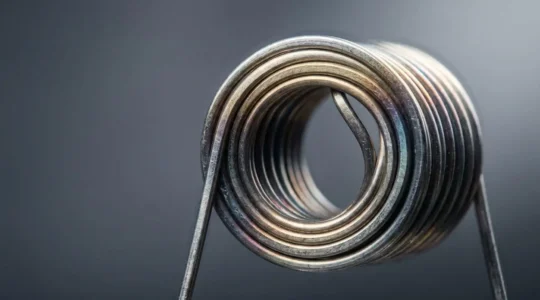 Close-up macro shot of pristine vape coil wire showing crystalline metal structure and thermal control mechanism