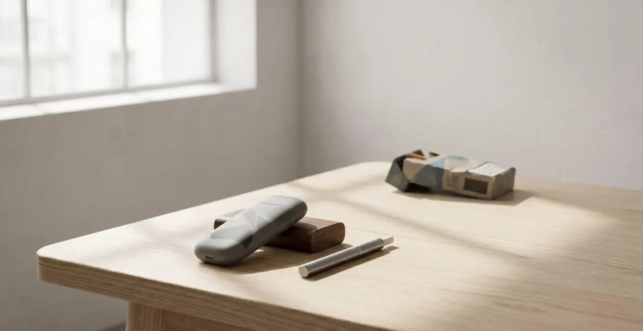 Person holding vaping device with traditional cigarette pack in background during smoking cessation journey
