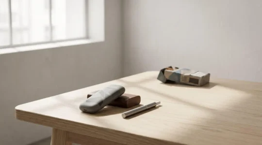 Person holding vaping device with traditional cigarette pack in background during smoking cessation journey