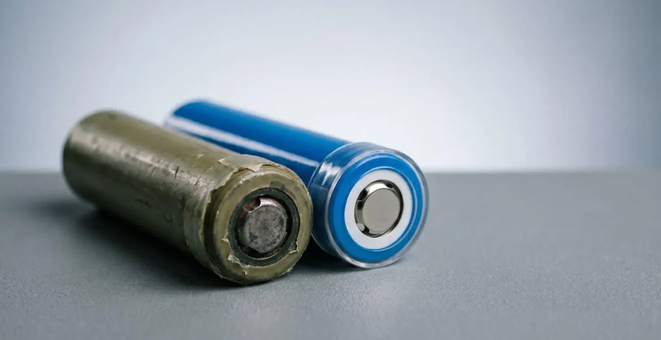 Close-up of a worn 18650 vape battery showing signs of degradation next to a fresh battery