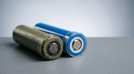 Close-up of a worn 18650 vape battery showing signs of degradation next to a fresh battery
