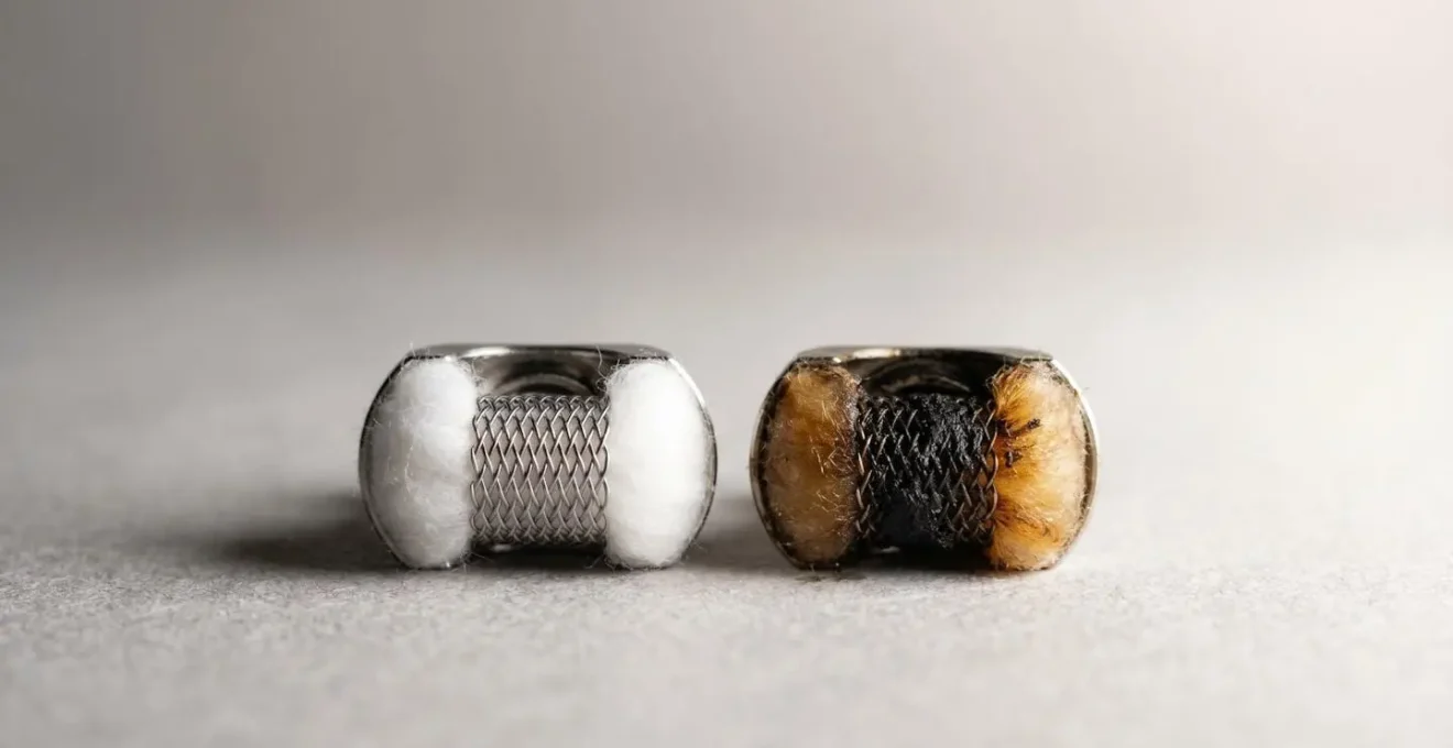 Close-up comparison showing the dramatic difference between a pristine vape coil and a heavily used coil