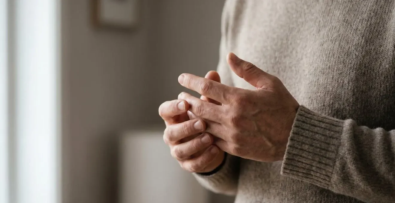 Close-up of hands in contemplative empty gesture showing the physical void after quitting smoking