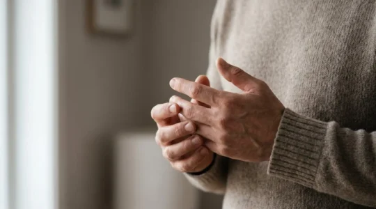 Close-up of hands in contemplative empty gesture showing the physical void after quitting smoking