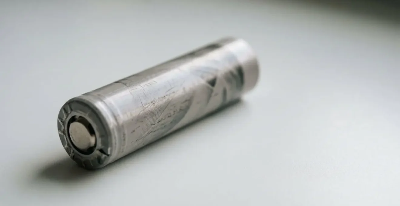 Close-up view of a lithium-ion vape battery cell showing signs of wear and degradation in natural lighting