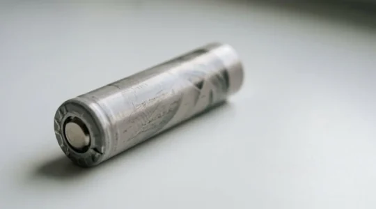 Close-up view of a lithium-ion vape battery cell showing signs of wear and degradation in natural lighting