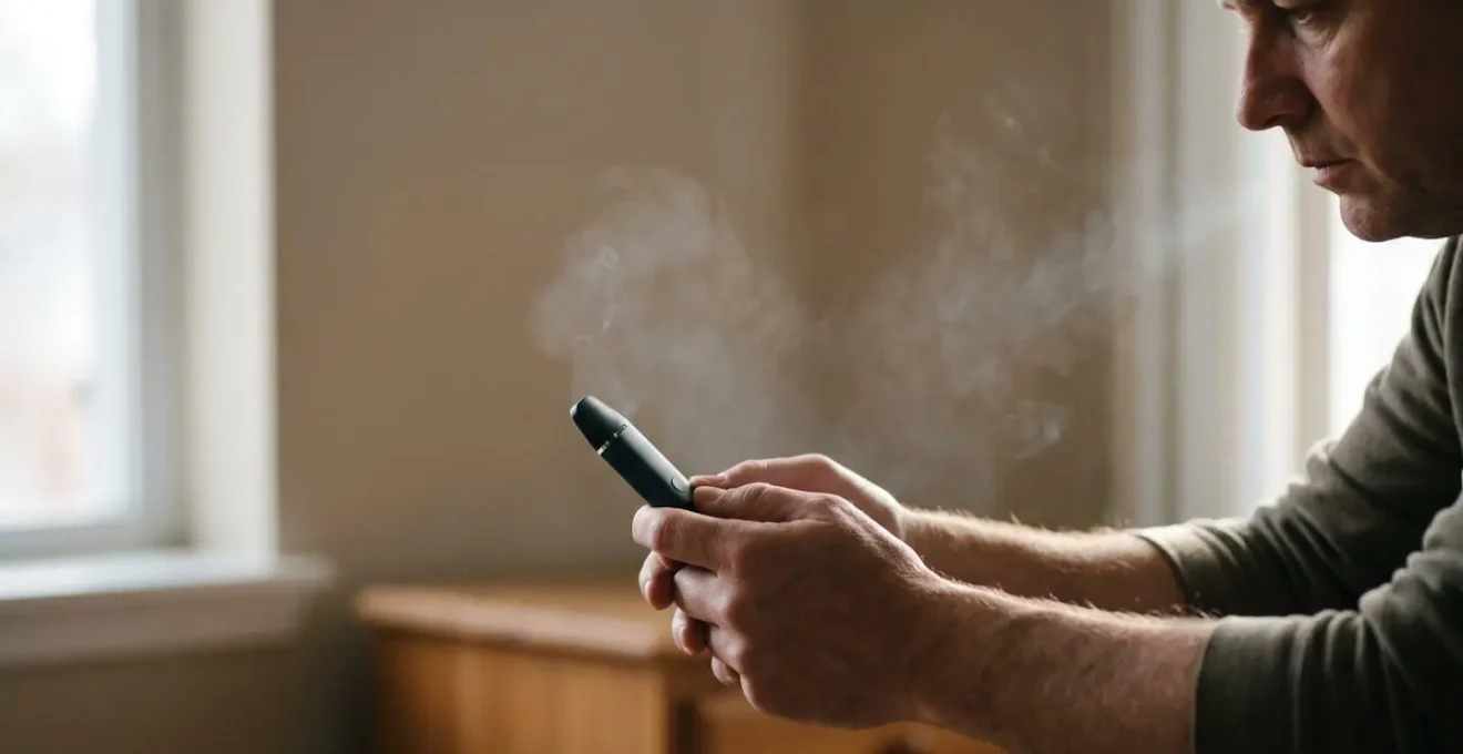 Close-up photograph of person holding vaping device with visible vapor exhale, showing natural lighting and contemplative mood during smoking cessation journey