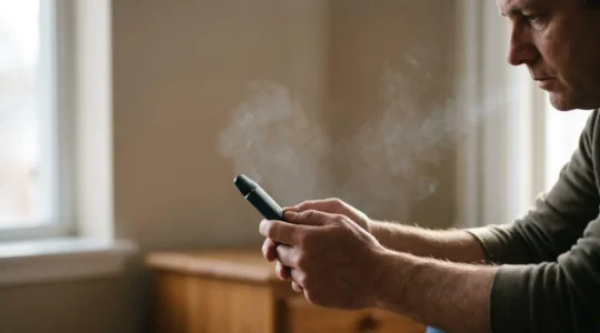 Close-up photograph of person holding vaping device with visible vapor exhale, showing natural lighting and contemplative mood during smoking cessation journey