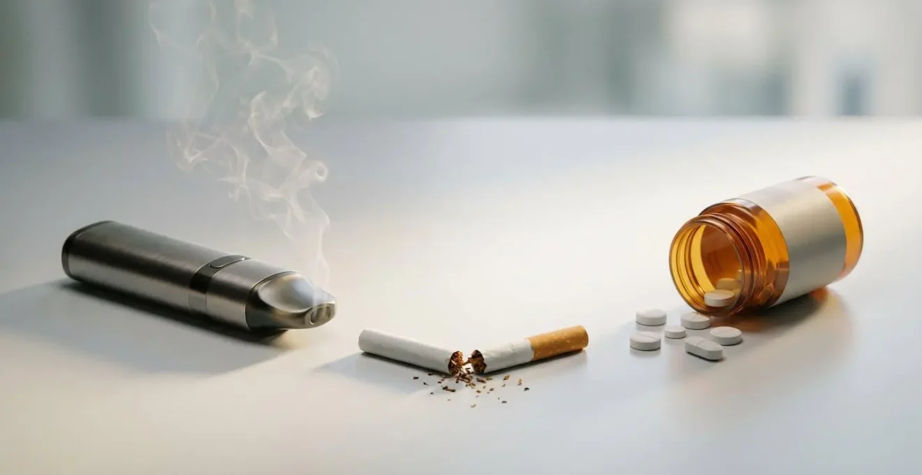 Comparative visualization of vaping device and prescription medication for smoking cessation showing harm reduction approaches