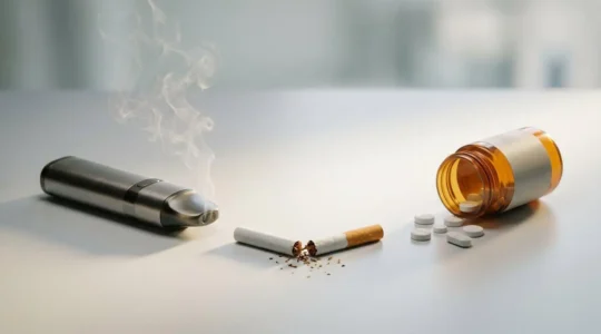 Comparative visualization of vaping device and prescription medication for smoking cessation showing harm reduction approaches